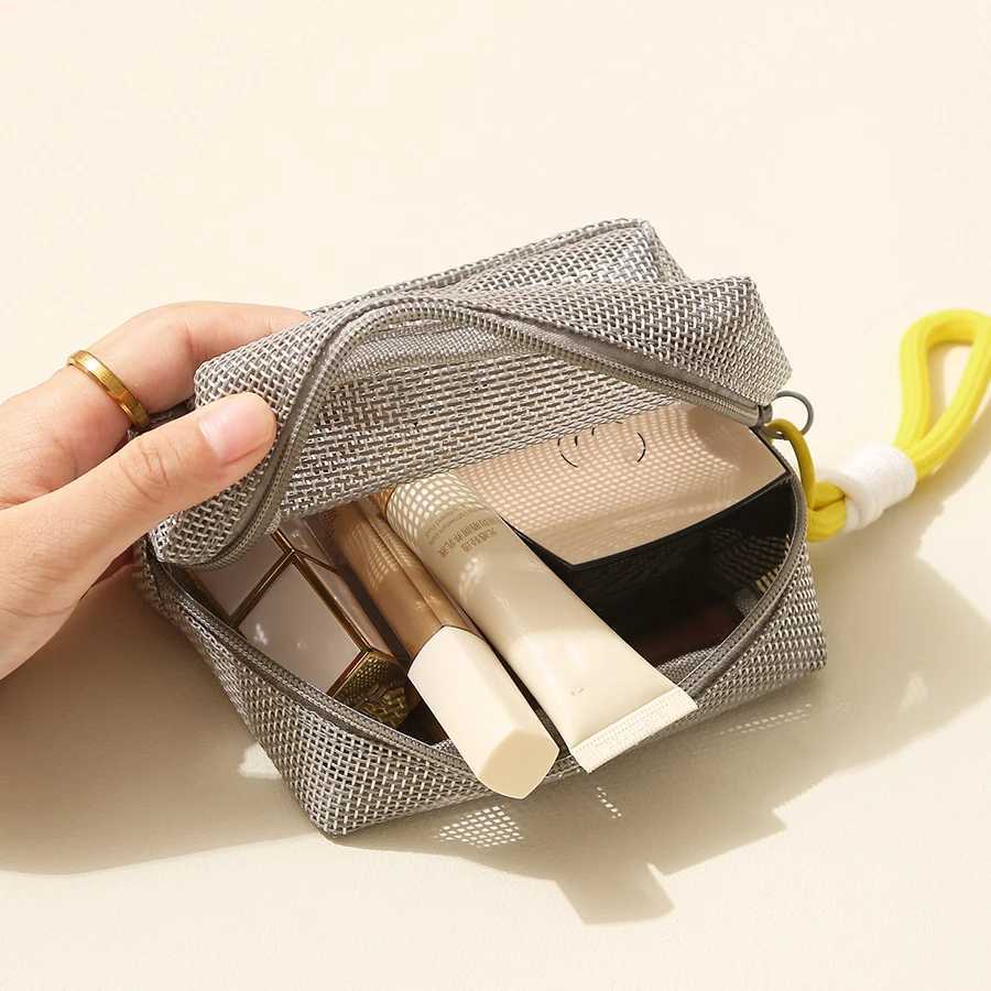 Portable Mesh Cosmetic Bag Grey Large Capacity Zipper Coin Purse with Handle Square Lipstick Key Storage PouchW251021