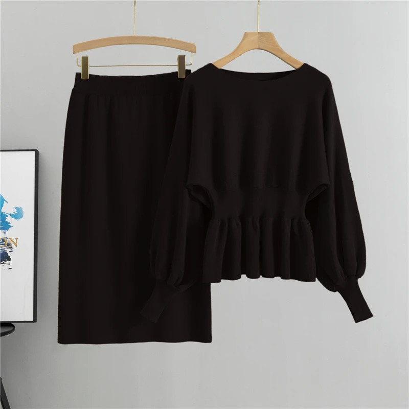 Autumn Elegant 2 Two Piece Set Women Lantern Long Sleeves Crop Tops Fashion Casual Pullover Sweater Sexy High Waist Skirts Sets 251021