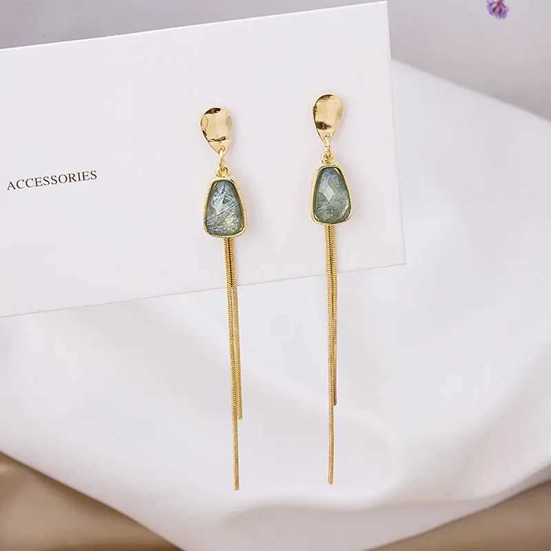 Vintage Green Crystal Long Tassel Earrings for Women Femme Gold Color Alloy Chain Geometric Drop Dangle Earrings Party Jewelry J251021