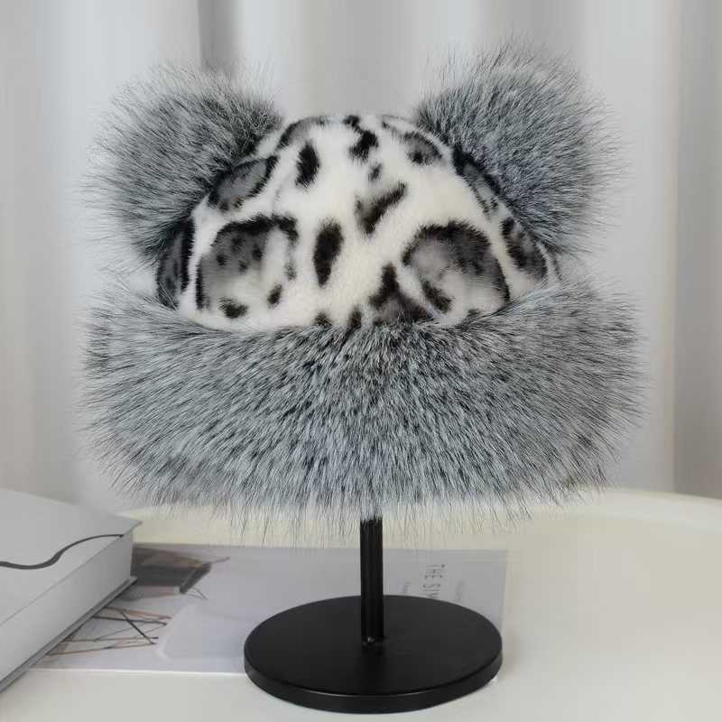 Pastoral Style Warm Fur Hat Leopard Print Bear Ears Cute Hat H251020