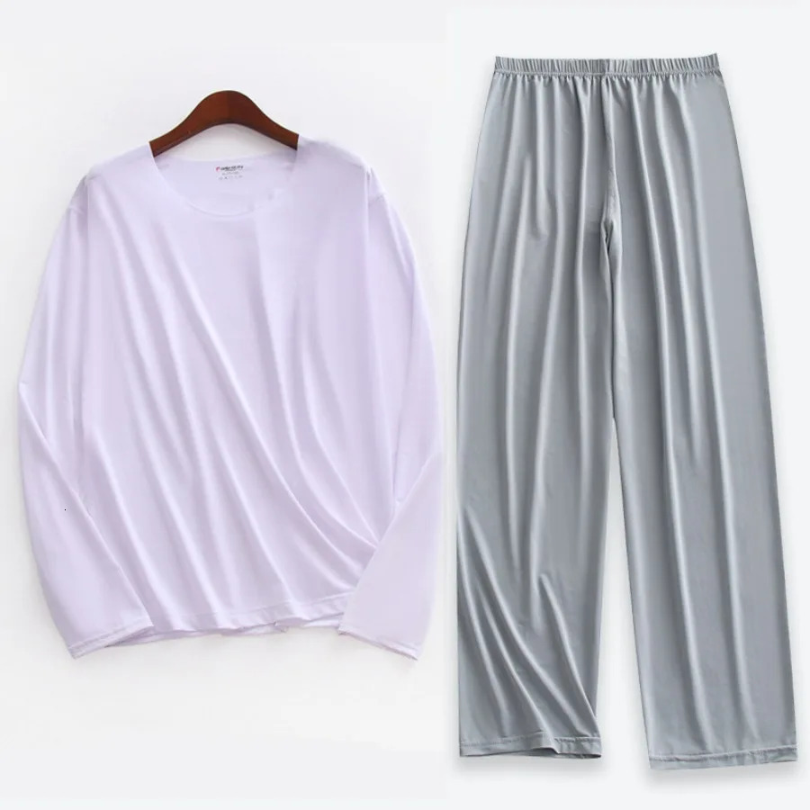 Plus Size 5XL Men Ice Silk Pajama Set Solid Long Sleeve Tops and Pants Sleepwear 2pcs Sets Soft Comfy Lounge Home Nightwear Male 251021