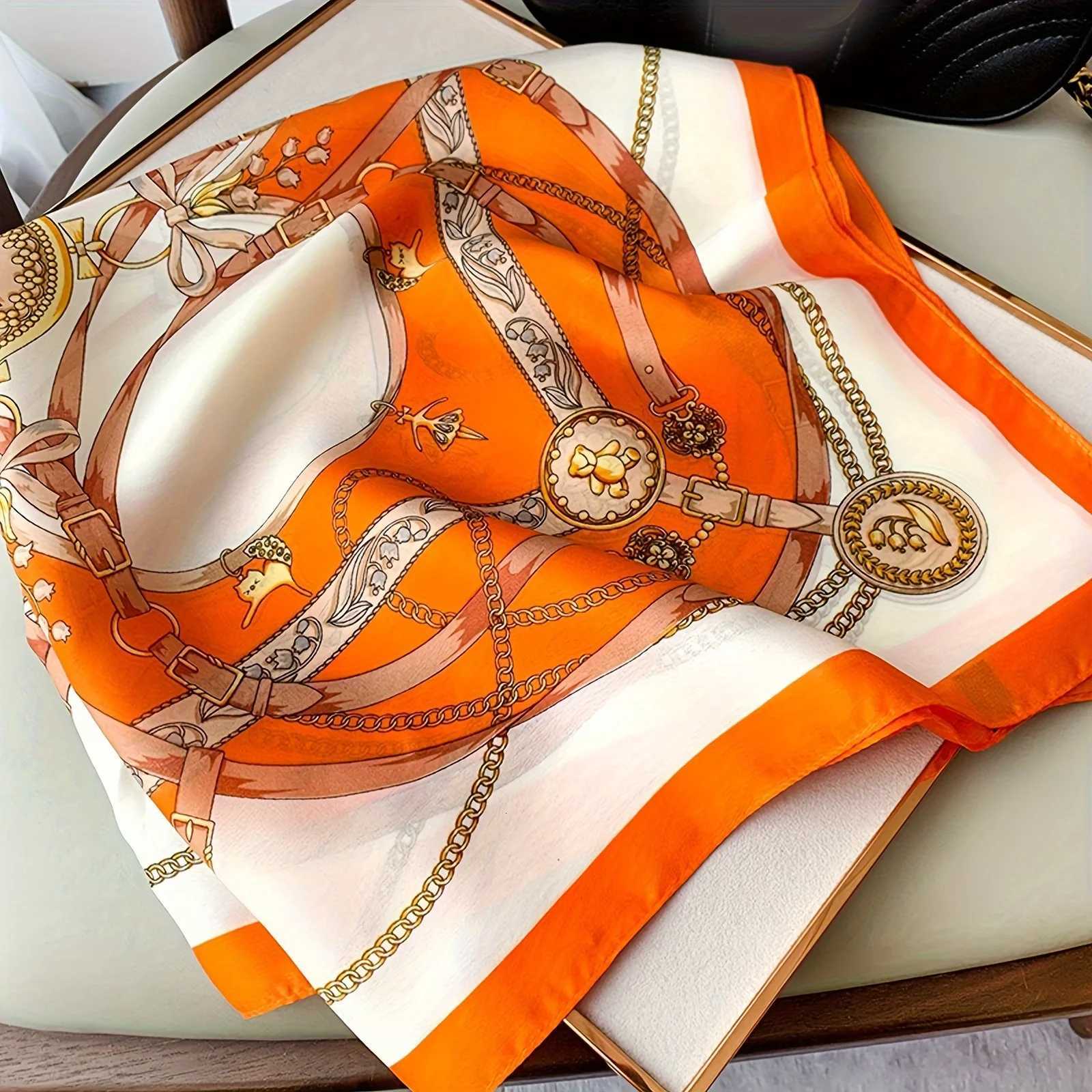 Orange Navy Blue Printed Square Scarf Thin Breathable Sunscreen Shawl Casual Outdoor Windproof Head Wrap For Women W251021