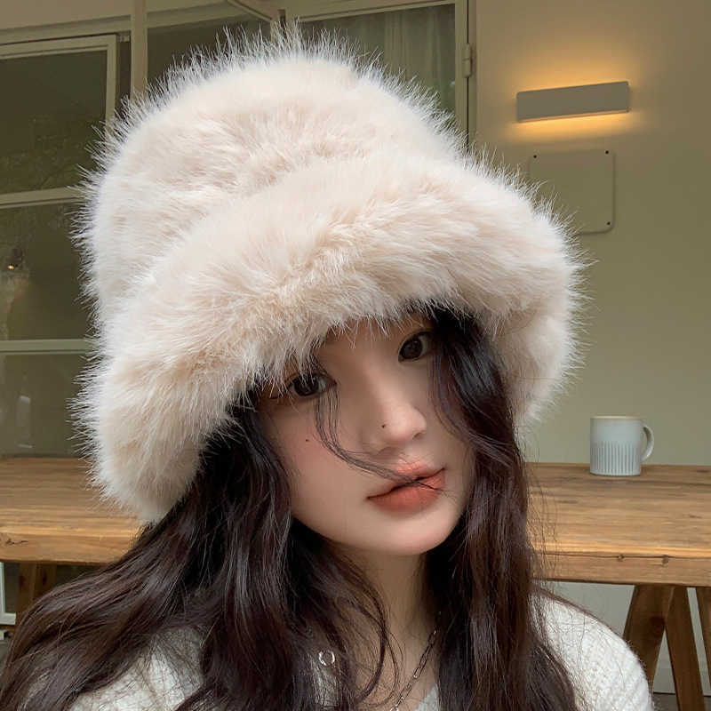 Autumn Winter Plush Hat Faux Fur Mink Fur Warm Feel Women Slimming Windproof Hat Large Brim H251020