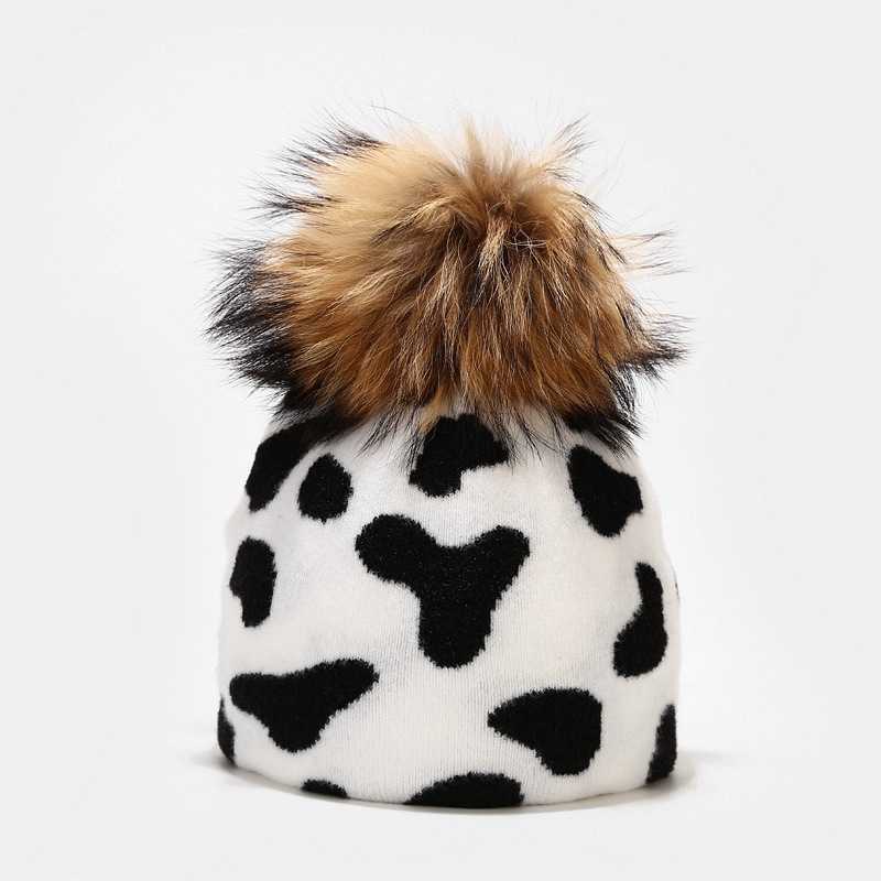 Cow Leopard Pattern Knitted Hat Womens Outdoor Warm Real Wool Ball Knitted Hat Autumn and Winter H251020