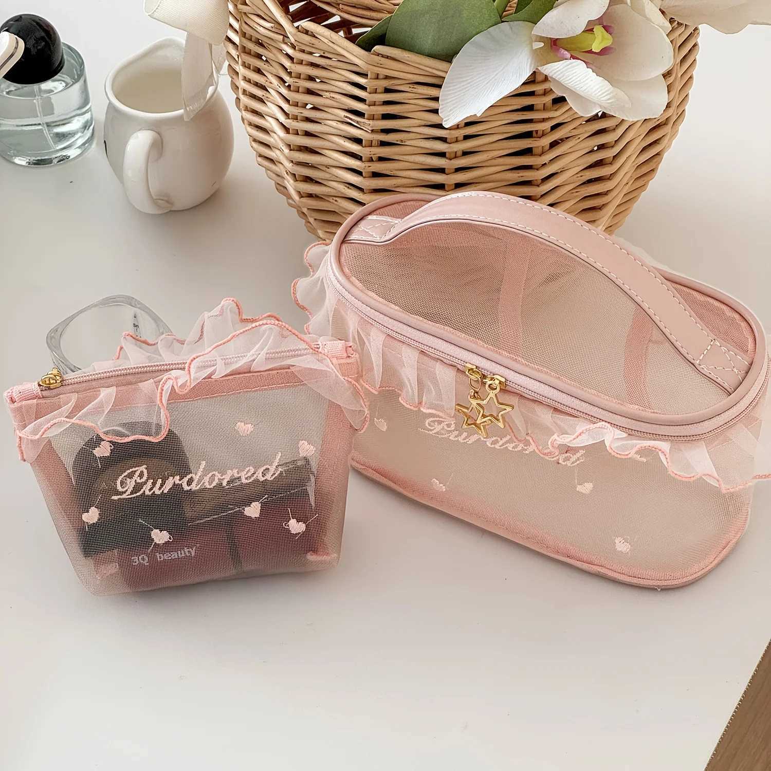 1pc Purified Red Mesh Makeup Bag with Ruffle Detail Love Embroidery Cute Portable Cosmetic Organizer for Girls Toiletry PouchW251021