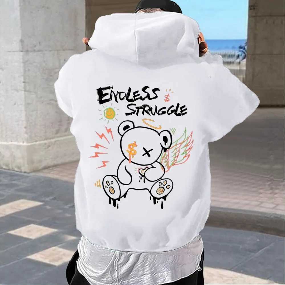 Hot selling mens autumn cartoon bear print soft and comfortable hooded sweatshirt outdoor street style clothing W251021