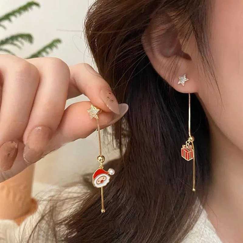 Moving Santa Claus Asymmetric Long Tassel Drop Earrings For Women Christmas Tree Snowflake Star Zircon Earring New Year Jewelry J251110