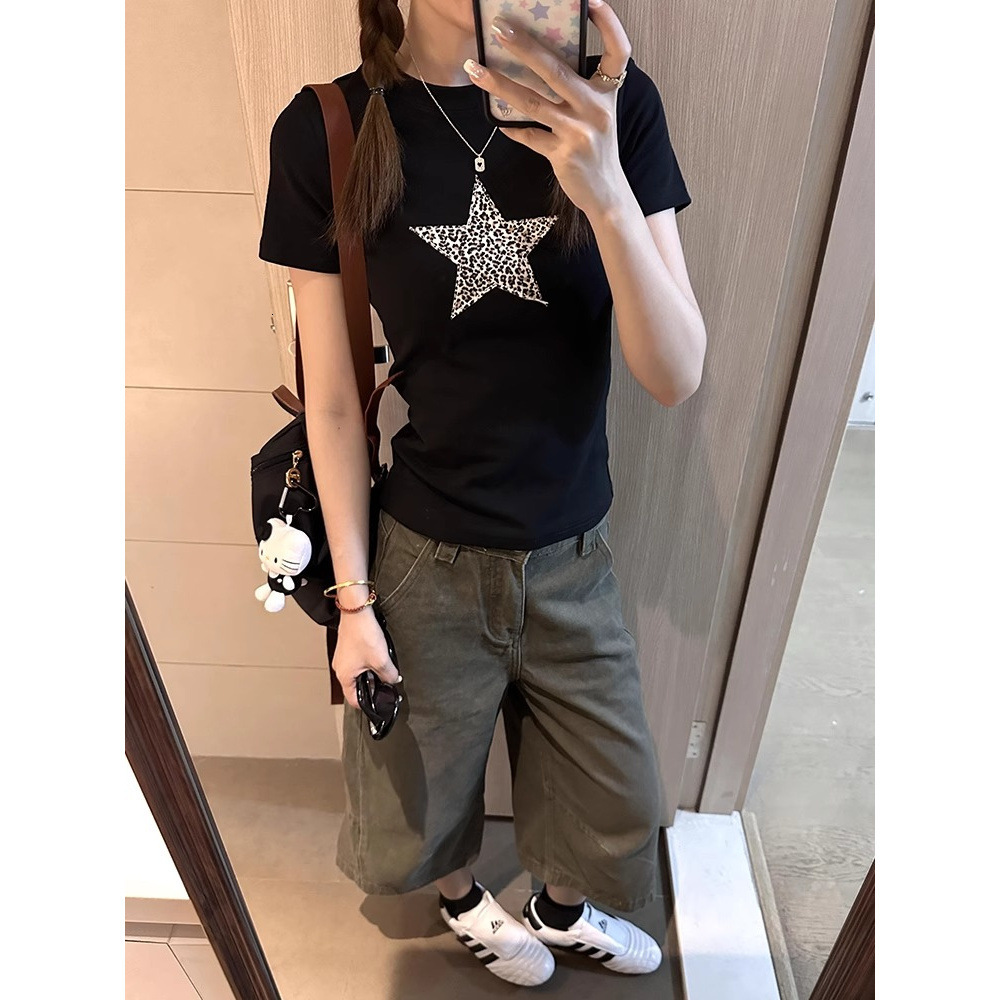 2025 American Retro Leopard Star Pattern Short Sleeve T-shirt Designer Pants Women's Summer Hot Girl Black Slimming New Autumn/Winter Design Top