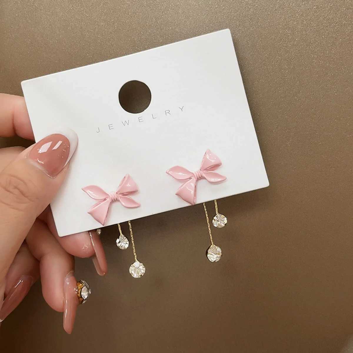 Y2K Pink Bowknot Shiny Zircon Drop Earrings For Women Elegant Crystal Imitation Pearl Tassel Bow Dangle Earrings Party Jewelry J251021