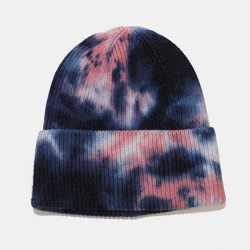 New Tie Dyed Knitted Hat Womens Autumn and Winter Outdoor Warm Hat Core Spun Yarn Crimped Wool Hat H251020