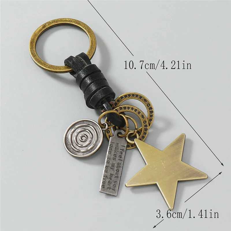 LETAPI Black Brown Leather Keychain for Men Punk Vintage Metal Star Pendant Car Key Accessories Jewelry Gifts W251021