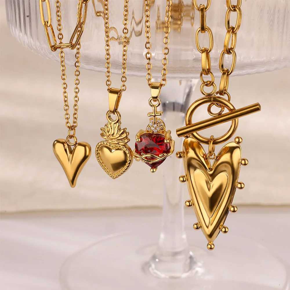 Punk Gold Color Heart Pendant Necklace for Women Stainless Steel OT Buckle Beaded Necklace Chain Choker Y2K Jewelry Accessories XJ250717