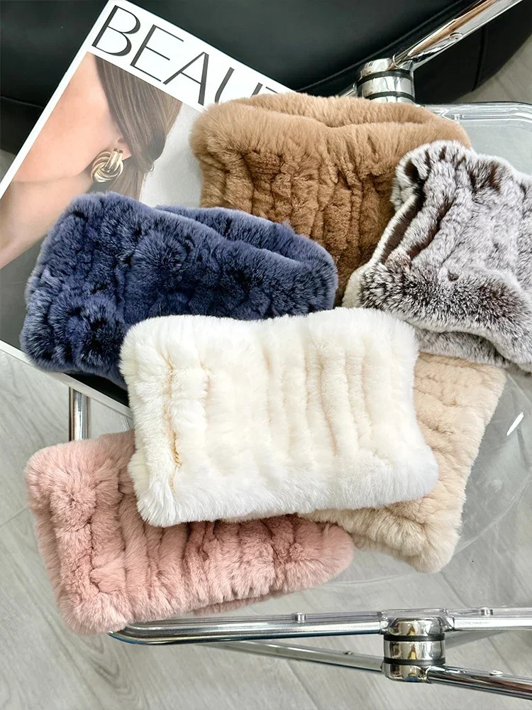 Women Real Rex Fur Handmade Stretch Scarf Knit Genuine Rex Rabbit Fur Headbands Girls Natural Fur Ring Cowl Snood Scarves Winter 251021