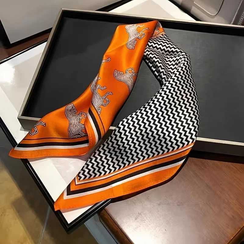 Orange Striped Horse Square Scarf Womens Natural Silk Scarf Casual Versatile Decoration Small Neck Scarf W251021