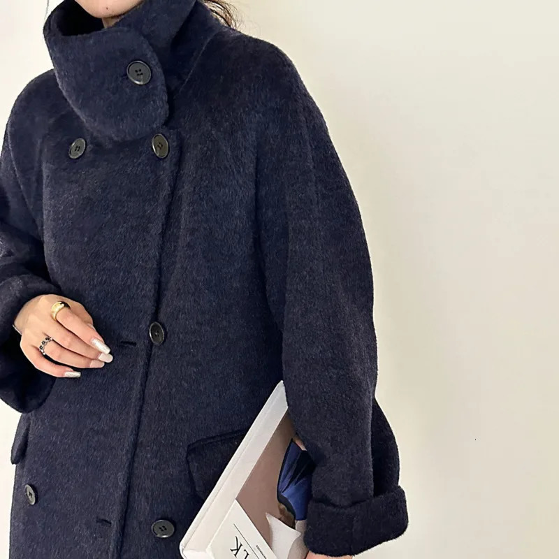 LANMREM Stand Collar Navy Blue Womens Doublefaced Woolen Coat Raglan Sleeve Double Breasted Autumn Winter Clothing 2DB4773 251017