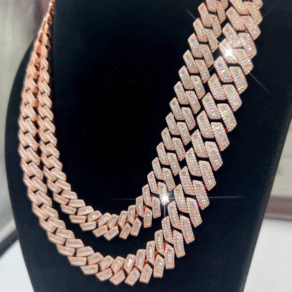 15mm Baguette Moissanite Cuban Iced Out 925 Silver Hiphop Men VVS Diamond Moissanite Cuban Link Chain
