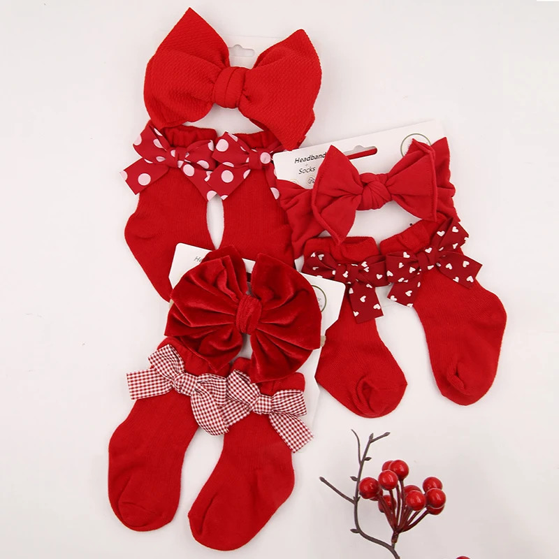 2Pcs Cute Baby Headbands Socks Red Christmas Hair Bands for Infant Short Sock Korean Dot Plaid Heart Print Bow Headwear 251021