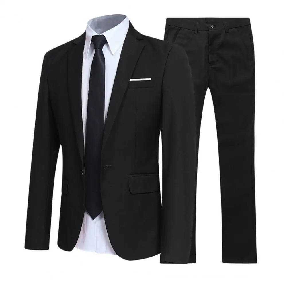 1 Set Men Jacket Pants Solid Color Turndown Collar Slim Fit Business Suit Set Groom Trousers for Wedding Office 251021