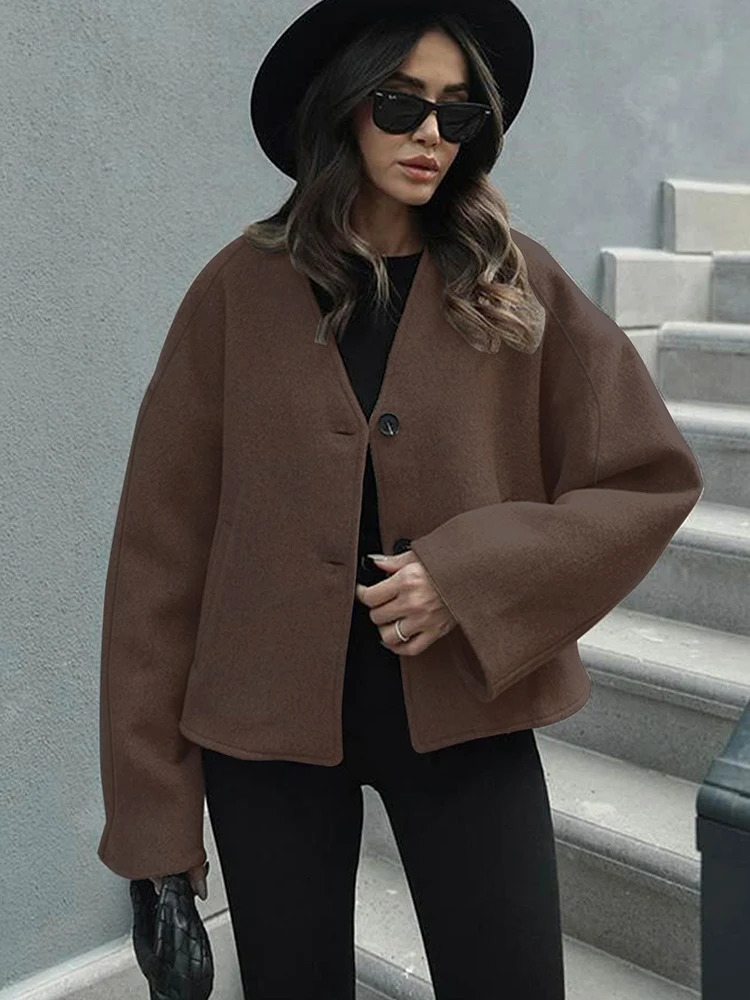 Autumn Winter Womens Coat Top Streetwear Fashion Button Long Sleeves Solid Sexy VNeck Casual Slim Versatile Clothing 251021