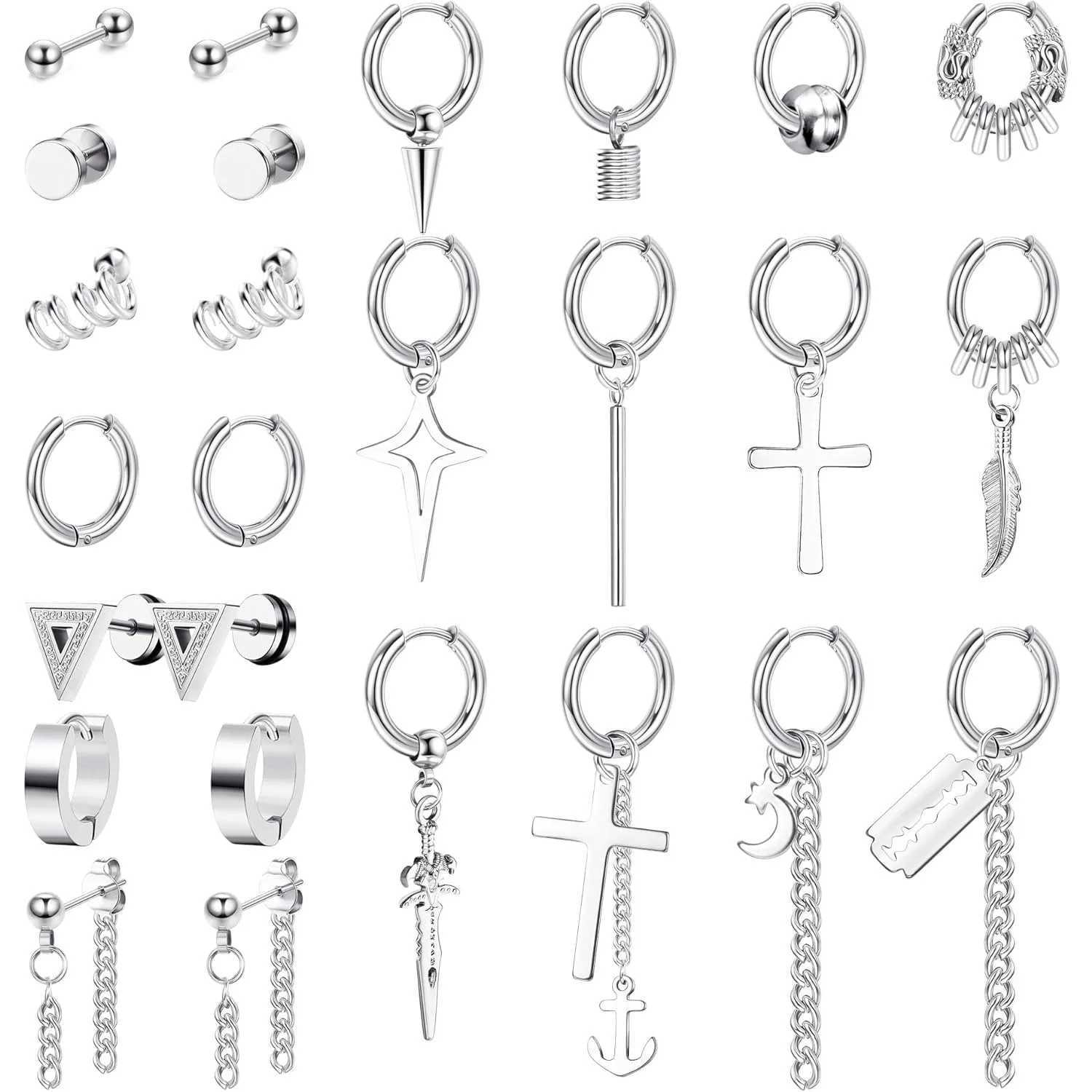 Bobisty 26pcs 18G Hoop Earrings for Men Stainless Steel Stud Emo Men Earrings Chain Cross Dangle Earrings Piercing Jewelry J251021