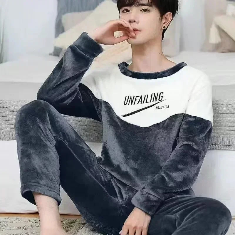 Men Winter Warm Flannel Pajama Sets Long Sleeve Thick Homewear For Men Coral Velvet Cute Cartoon Sleepwear Suit Pyjamas Homewear 251021
