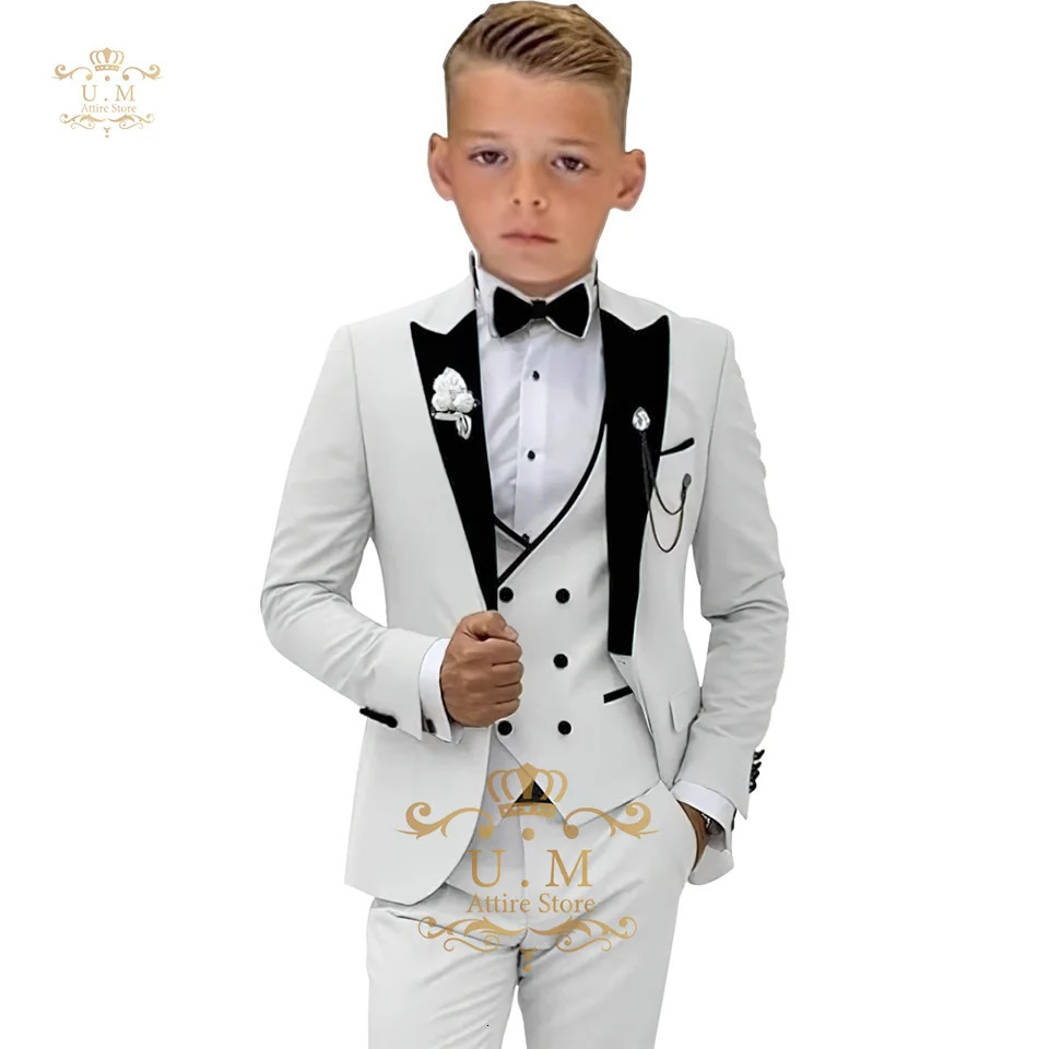 Boys 3piece suit jacketvestpants white singlebreasted classic set for pupil school boy wedding pageboy prom party tuxedo 251017