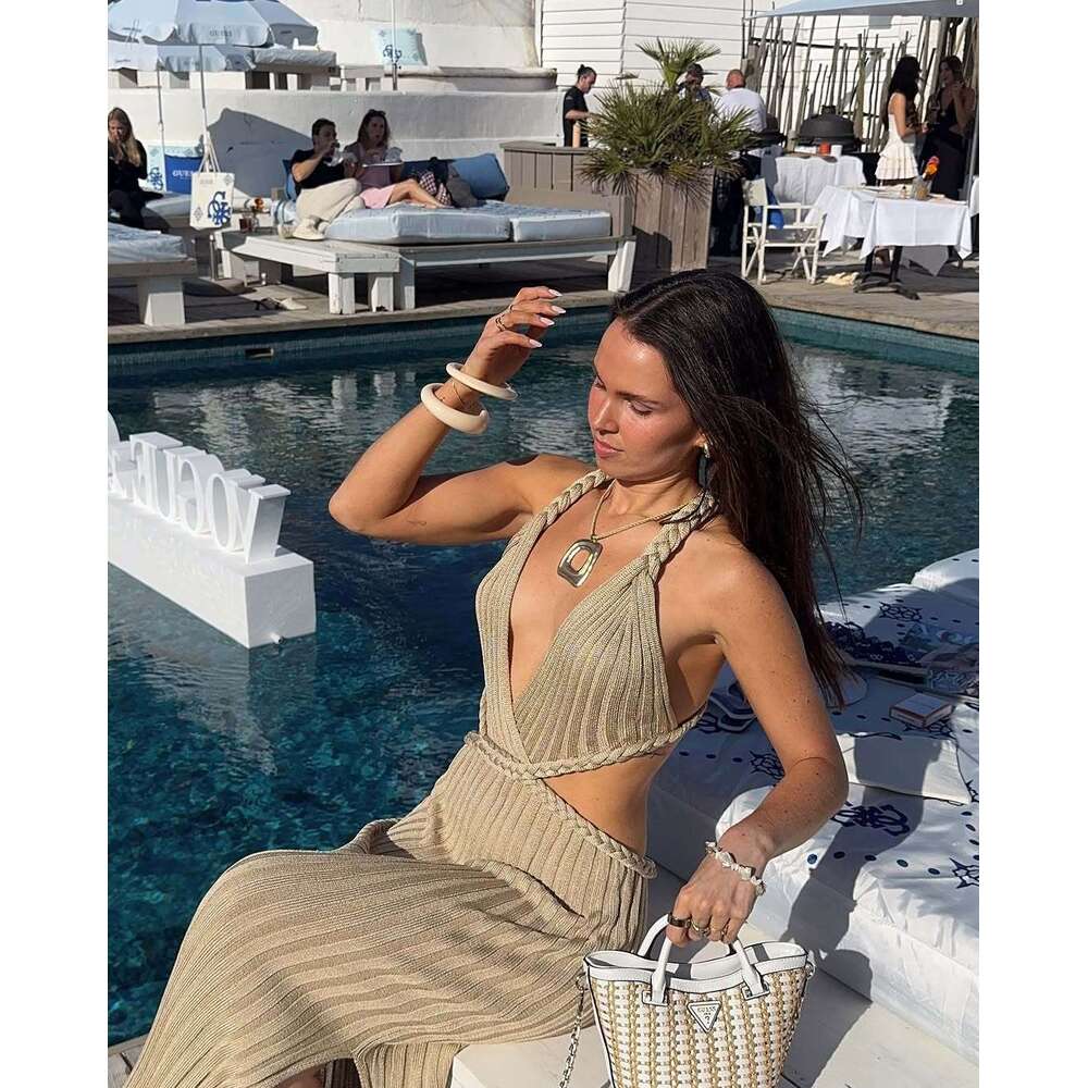 2025 Beach Slim Sexy Backless Knitted Camisole Outerwear Long Dress Summer Women's Clothing