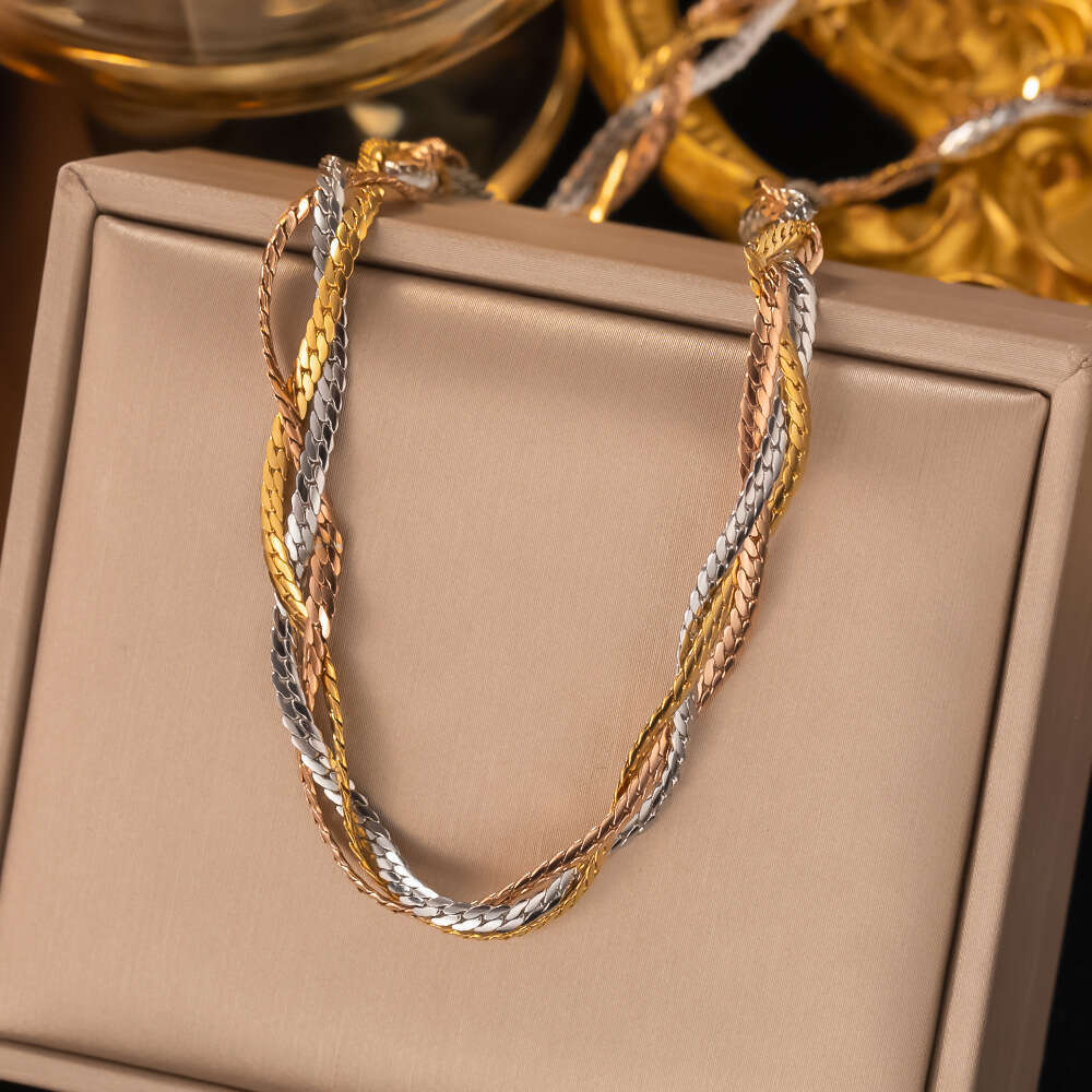Designer Design Ins Niche Design Three-Color Woven Snake Bone Necklace Versatile Titanium Steel Collarbone Chain for Women