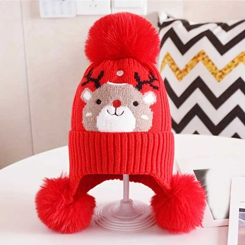 Youngsters Christmas Elk Beanie Hat with Detachable Ear Flaps PomPom Soft Stretchy Warm Winter Hat for Boys Girls J251021