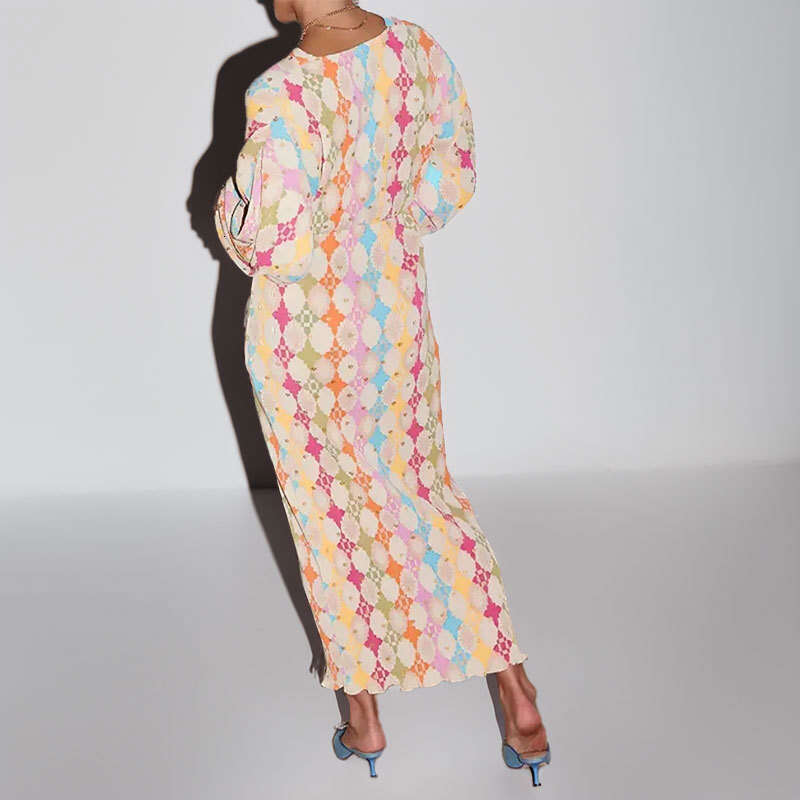 2025 Women's Autumn Fashion Color Block Print Long Elegant Slim Fit V-neck Short Sleeve Dress