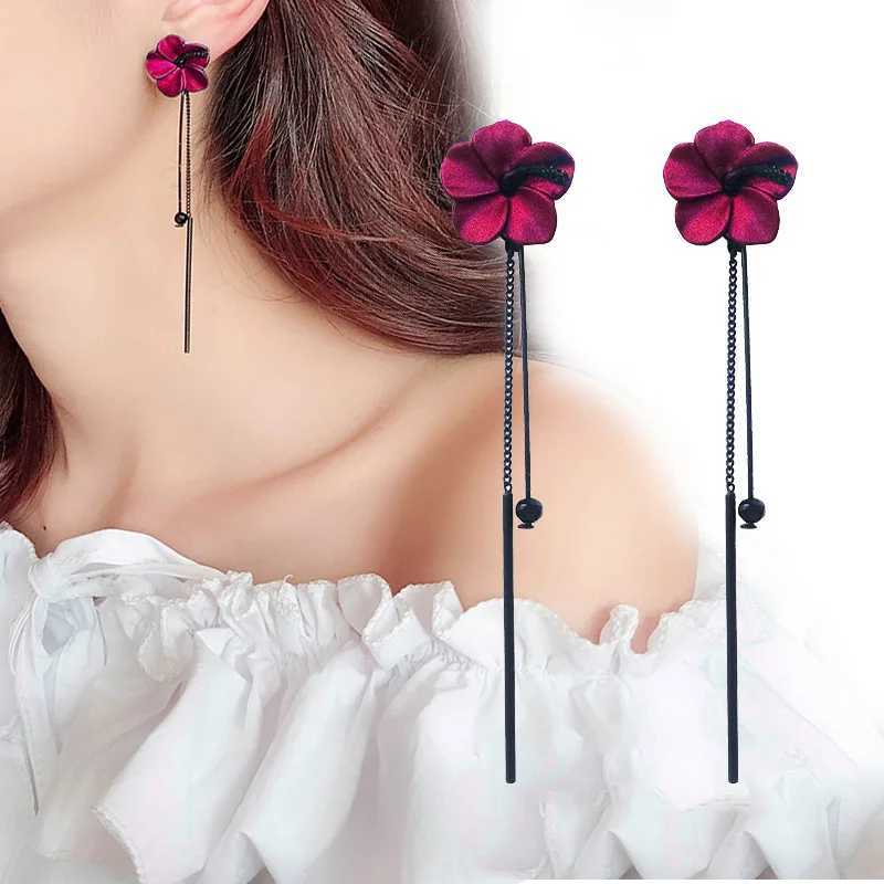 Retro Classic Wine Red Flowers Tassel Earrings For Women Temperament Long Pendant Ear Nail Korean Style Jewelry J251021