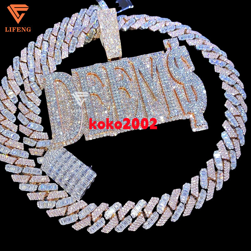18mm Two Tone Silver Baguette Moissanite Diamond Men Cuban Necklace Pass Diamond Test VVS Moissanite Iced Out Miami Cuban Chain