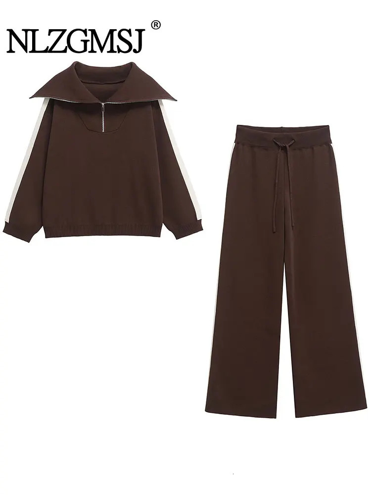 NLZGMSJ Spring Elegant Womens Sets Large Lapel Zipper Knit Sweatshirt Loose Long Drawstring Trousers Two Pieces 251021
