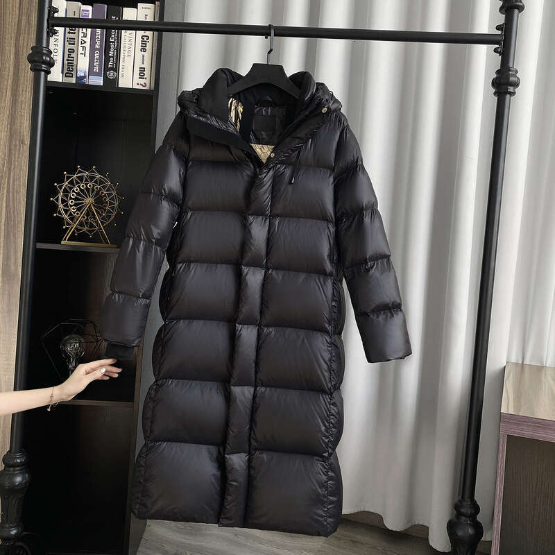 Clothing Winter Black Gold New National Standard White Duck Mid Length Down Jacket Women Temperament Hooded Windproof Over Knee