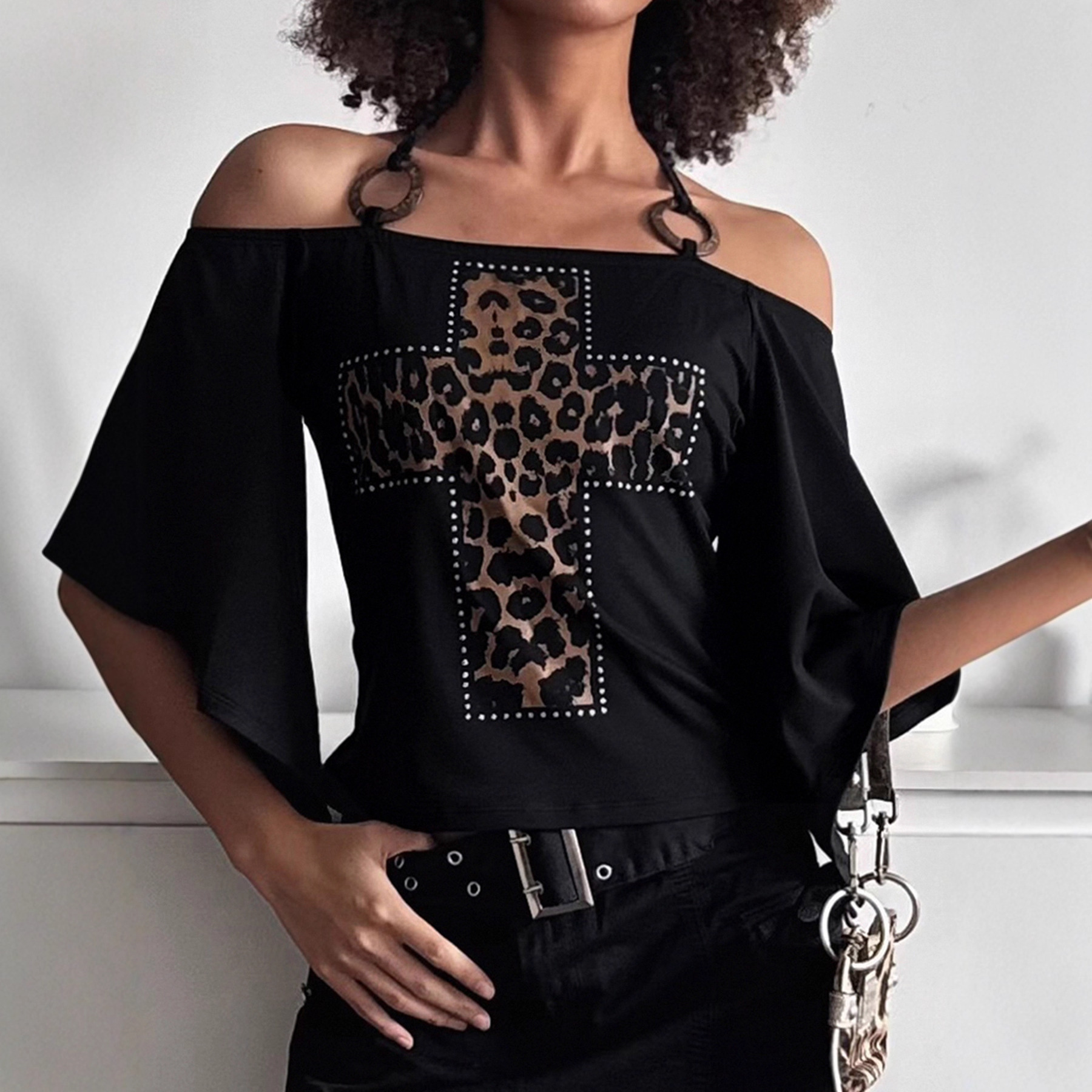 2025 dark leopard print splicing cross slim fit off shoulder women's T-shirt, American designer retro bell sleeves, autumn and winter new fashion