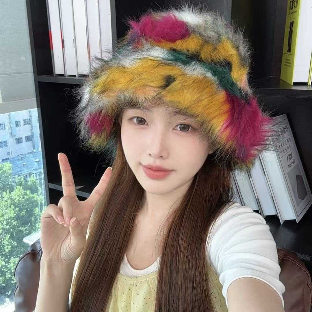 Faux Fur Hat Fashionable Warm Plush Fisherman Hat Colorful Faux Fox Fur Trendy Bucket Hat Straight Hair H251020