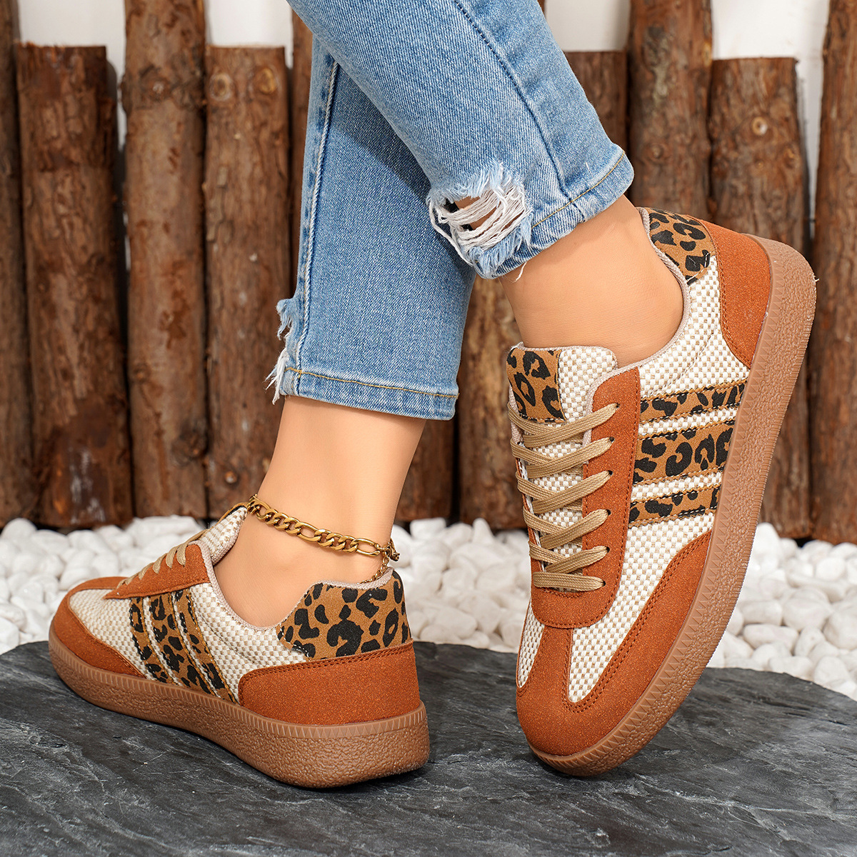 Retro German training shoes women's new lace-up color-blocked round toe leopard print contrasting flat casual board shoes2025