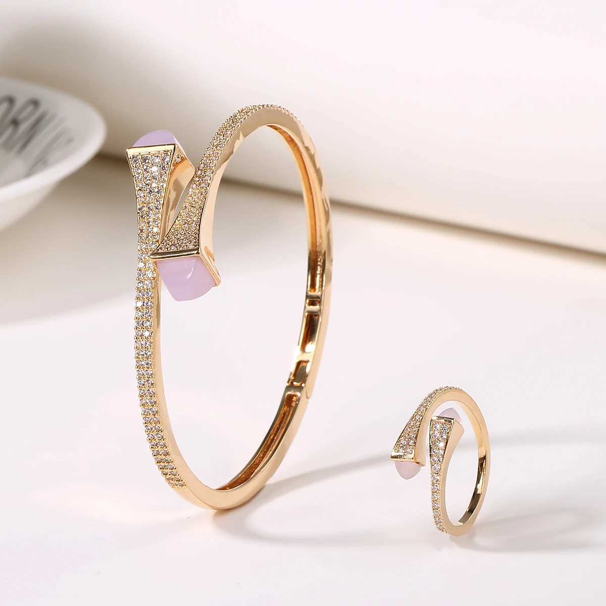 2021 New Romatic Women Fashion 2 Pcs Bracelet Ring Set Candy color stone Simple Design Gold Open Cuff Bangle Ring Jewelry Set J251021