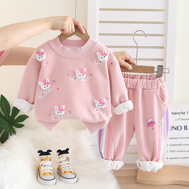 Free Shipping 2025 New Girls Fleece-Lined Sweatshirt Set 2-Piece, Korean Style Winter Outfit, Warm Hoodie & Joggers for Baby Girls