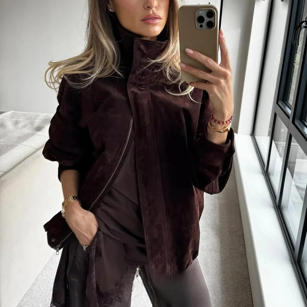KONDALA Streetwear Suede Chic Brown Jacket Women Long Sleeve Zipper Bobmer Coats Fashion Fall Winter Casual Elegant Outwear 251021