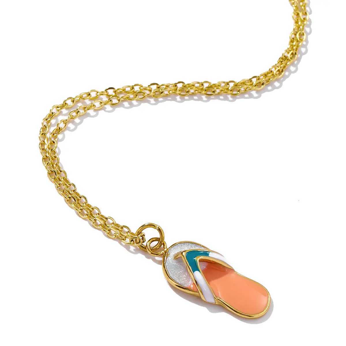 Waterproof Stainless Steel Cute Enamel Beach Slippers Charm Necklace 14K Gold Color Pendant Choker Jewelry For Women Daily Wear XJ250717