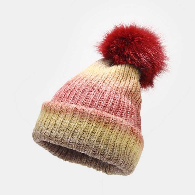 New Style Fox Fur Ball Knitted Hat Womens Fashion Colorblock Wool Hat Autumn Winter Outdoor Warm Hat Trendy H251020