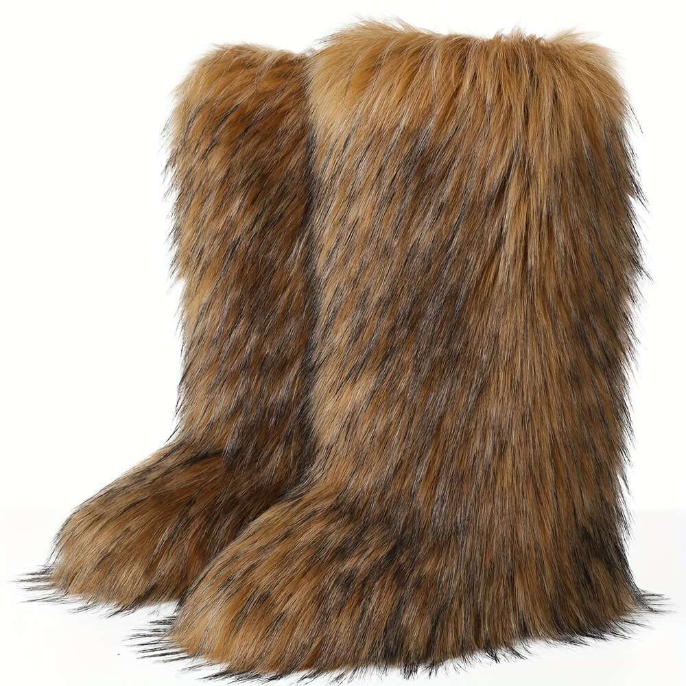 Fashion Women's Faux Fur Round Toe Flat Heel Slip On Warm Comfort Outdoor Winter Boots