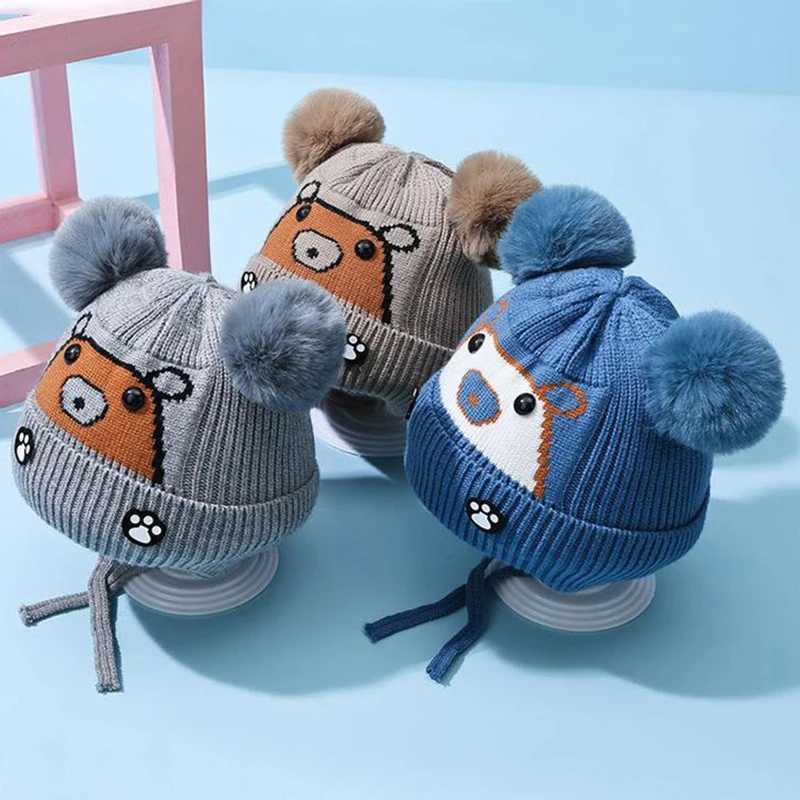Cute Cartoon Baby Earmuffs Cap Plush Ball Children Ear Protection Hat 26year Baby Winter Woolen Warm Knit Hats Laceup Beanies J251021