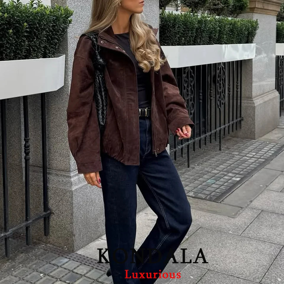 KONDALA Streetwear Suede Chic Brown Jacket Women Long Sleeve Zipper Bobmer Coats Fashion Fall Winter Casual Elegant Outwear 251021