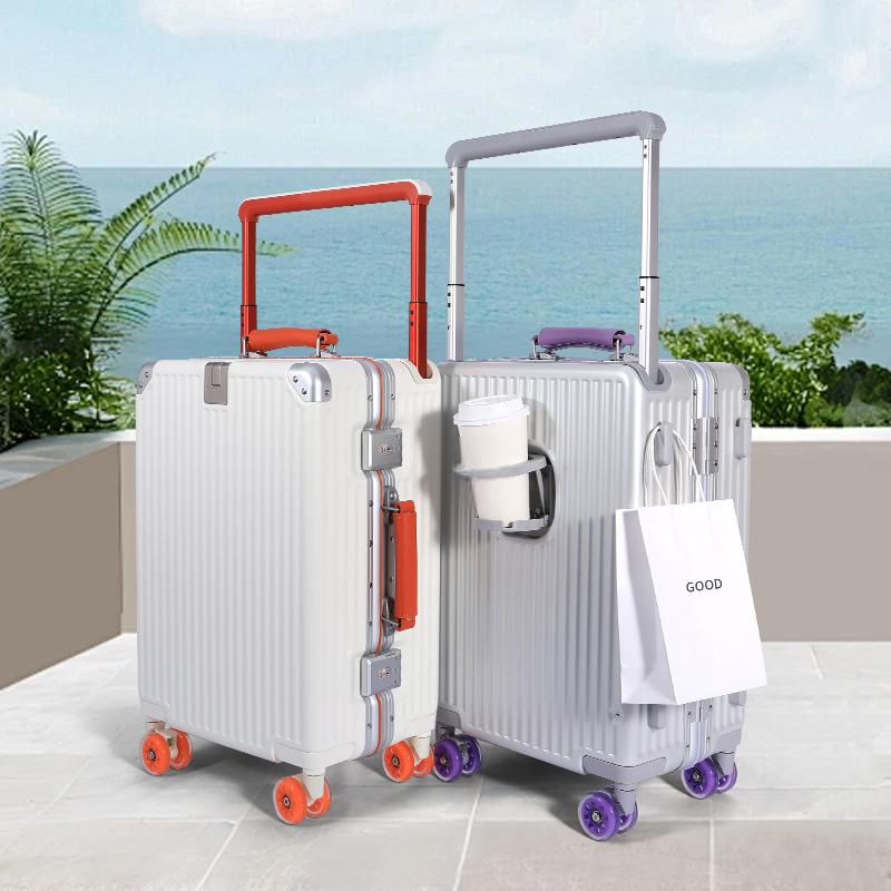 Minimalist Luxury PC Luggage with Wide Handle & Cup Holder, Silent Spinner Wheels Travel Trolley Case-6801