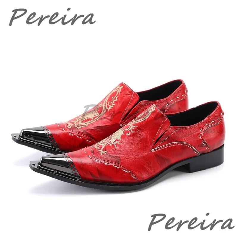 Red Embroidery Men Dress Shoes Metal Pointed Toe Slip On Loafers Chinese Style Med Heel Party Wedding Business Casual 251011