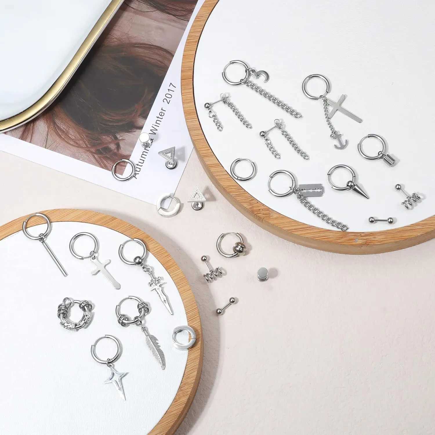 Bobisty 26pcs 18G Hoop Earrings for Men Stainless Steel Stud Emo Men Earrings Chain Cross Dangle Earrings Piercing Jewelry J251021