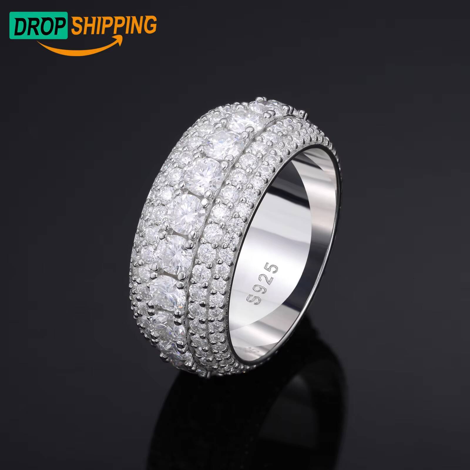High Quality Mens Wedding Ring Pass Diamond Tester 5 Rows VVS Moissanite Diamond Finger Ring 925 Sterling Silver Hip Hop Jewelry