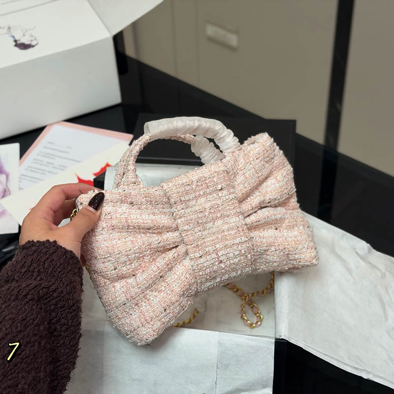 Portable Ladies Designer Lovely Bow Bag with Handle Pleated Leather Knitting Tweed Gold Hardware Matelasse Chain Shoulder Evening Purse Crossbody Handbag 26/38cm